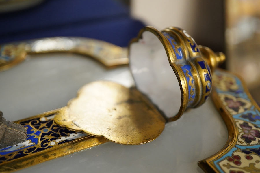 A French champleve enamel, alabaster and silvered bronze ‘benitier’, 36cm